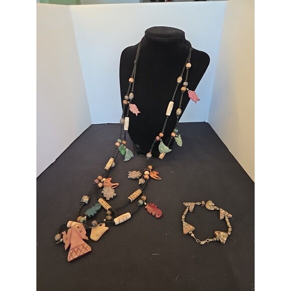 Soapstone & Metal Long Necklace Animal Carvings 32", 7" Carved Bracelet, India - Picture 1 of 4